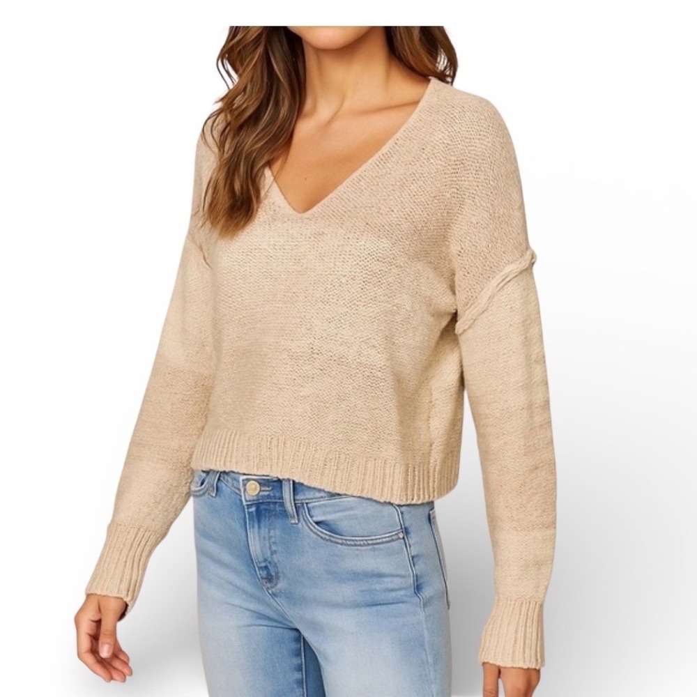 By Together Womens V-Neck Cotton Knit Striped Sweater Beige Cream L5021 Small